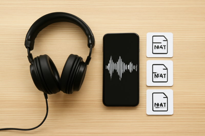 Koptelefoon op bureau naast symbolen voor MP3, FLAC, AAC en WAV audioformaten