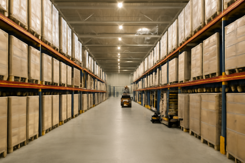 Overzicht van een modern distributiecentrum met pallets en opgeslagen goederen