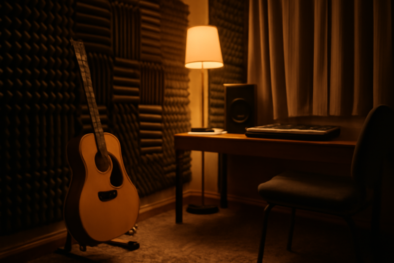 Thuismuziekkamer met akoestische panelen op de muren en gitaar op standaard