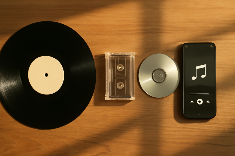 Vinyl, cassette, cd en smartphone naast elkaar als symbool van muziekformaten door de jaren