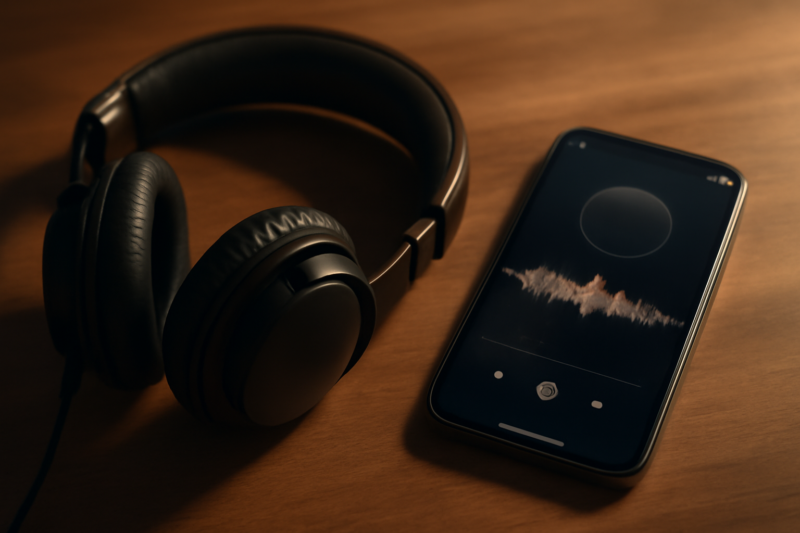 Koptelefoon op houten bureau naast smartphone met muziekstreaming-app in warm licht