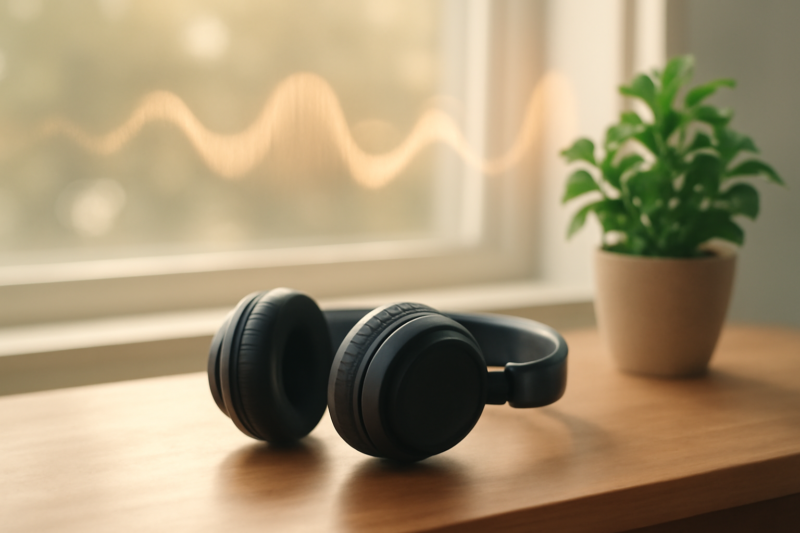 Koptelefoon op houten bureau met zacht ochtendlicht, symbool voor muziek en ontspanning