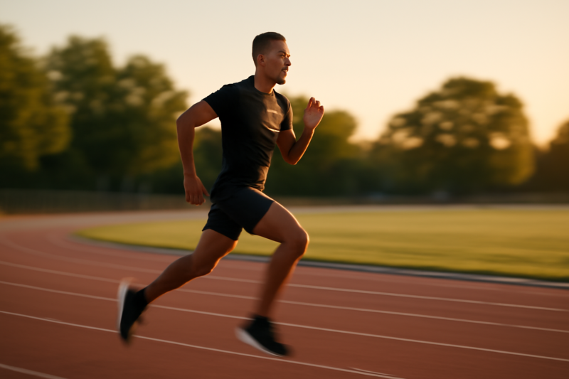 Atleet loopt op atletiekbaan met oordopjes in, warm avondlicht, energieke sfeer