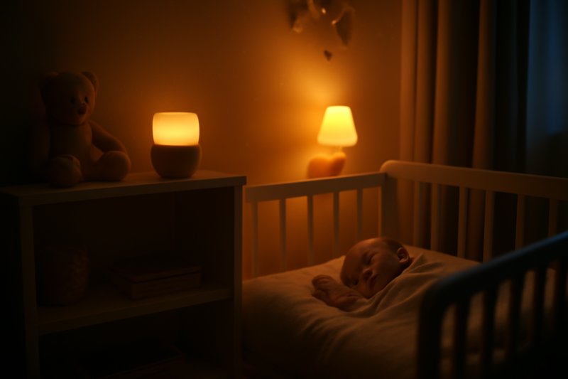 Slapende baby in wieg met zachte verlichting en muziekspeler op plank