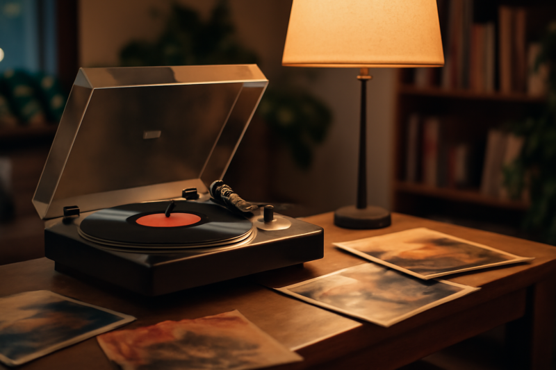 Een platenspeler op een houten plank met vinylplaten in een gezellige woonkamer