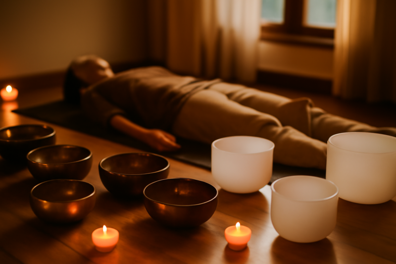 Tibetaanse klankschalen op een houten vloer tijdens een sound healing sessie
