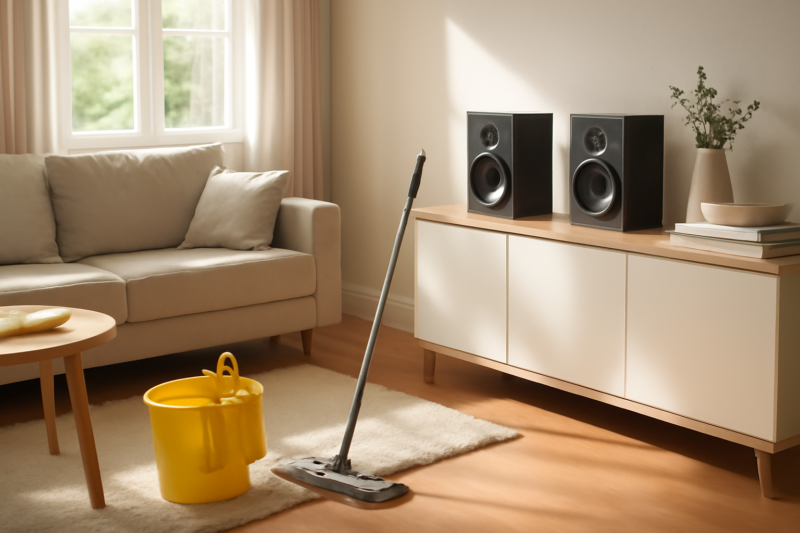 Compacte actieve speakers op een plank in een opgeruimde, lichte woonkamer