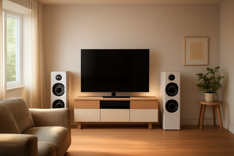 Moderne woonkamer met stereo speakers aan weerszijden van een televisie