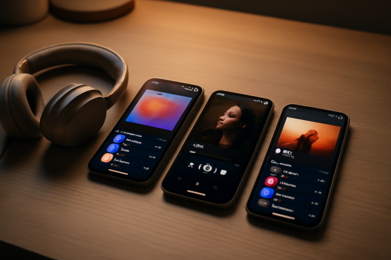 Drie smartphones met muziek streaming apps naast een koptelefoon op een moderne bureauopstelling