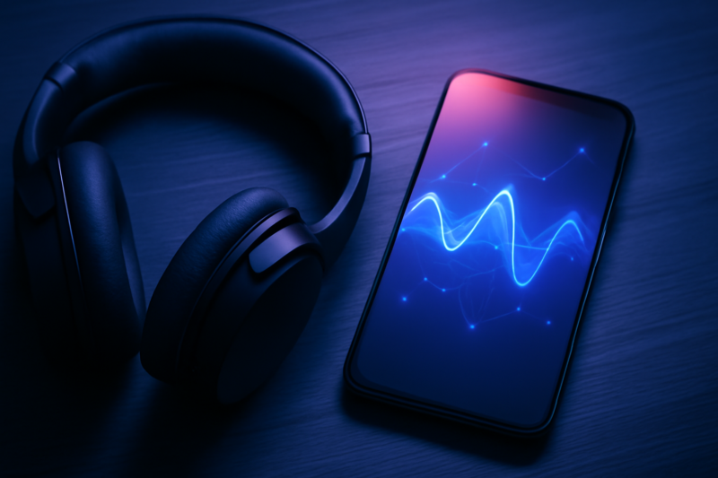 Koptelefoon op bureau naast smartphone met abstracte muziek algoritme visualisatie