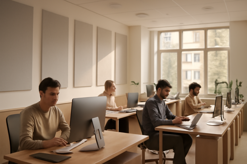 Modern kantoor met akoestische inrichting en medewerkers die geconcentreerd werken