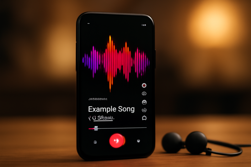 Smartphone met TikTok-muziektrend op scherm, omgeven door koptelefoon en studioverlichting