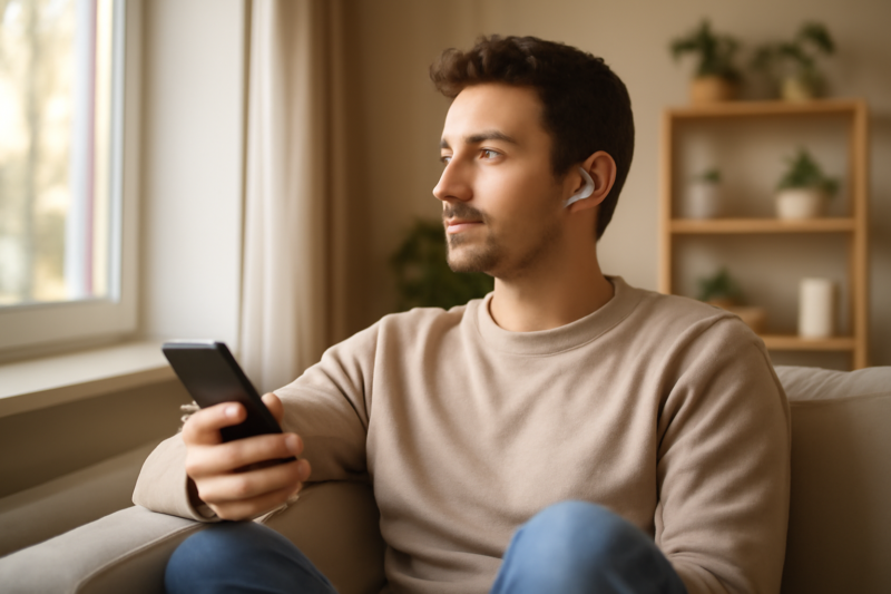 Persoon met draadloze oordopjes luistert naar podcast of muziek via smartphone